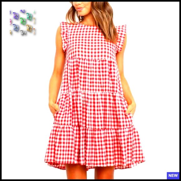 Ruffle Puff Sleeve Babydoll Dress Gingham Plaid Tiered Midi Casual Chic - Picture 6 of 6